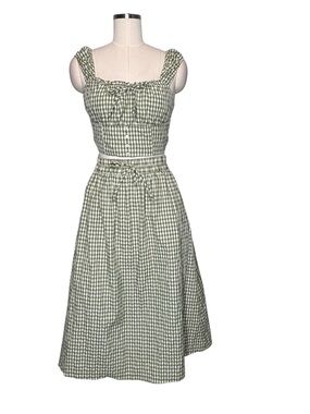 Tullea Green and White Gingham Puff Sleeve Skirt Set | S